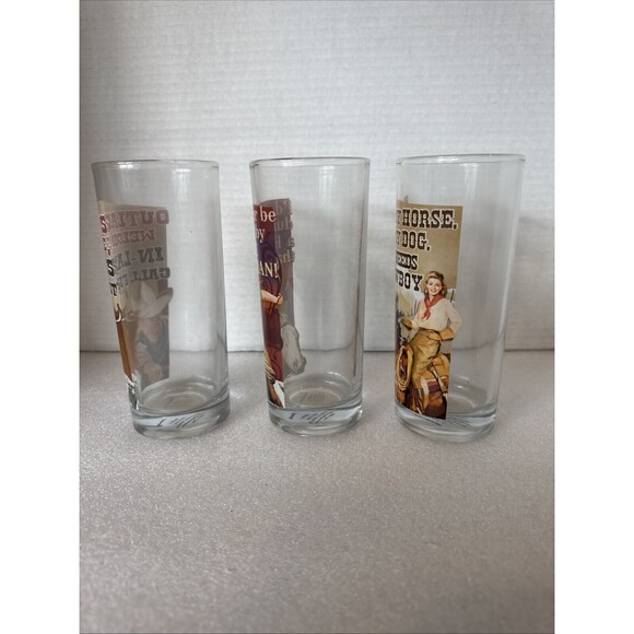 Set Of 3 Tall Funny Cowgirl Glasses  6 Inches Tall Each Glass Highball - Picture 7 of 10